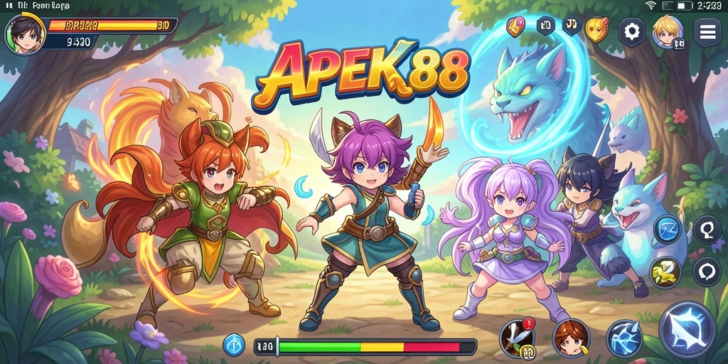 Gameplay APEK88 dengan karakter anime dan aksi penuh warna.