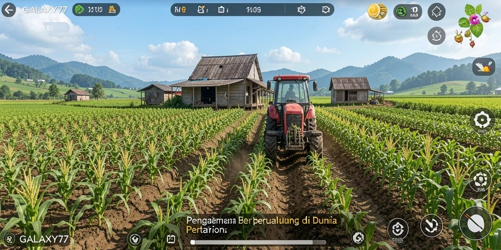 Screenshot utama gameplay GALAXY77 menampilkan aktivitas bertani yang menyenangkan.