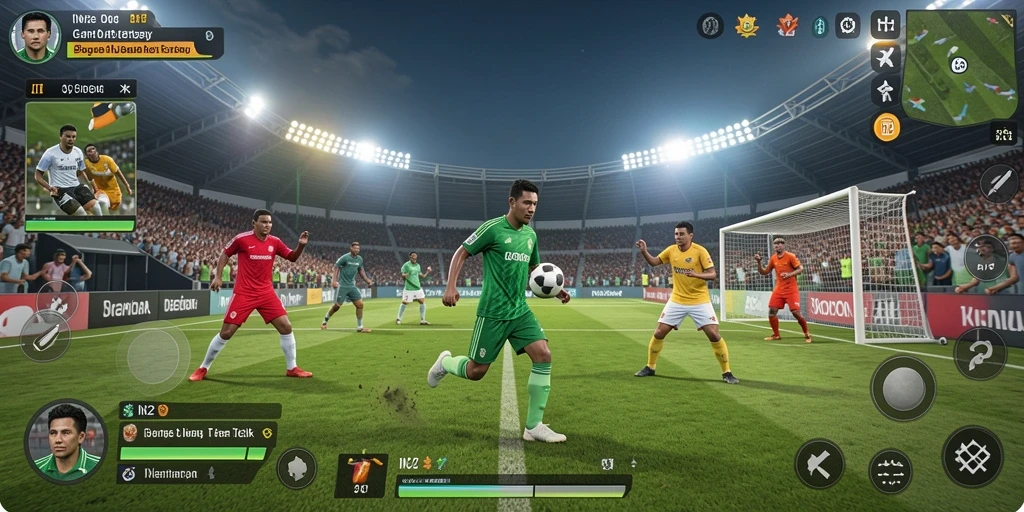 Screenshot IN22 menunjukkan aksi seru di lapangan olahraga.