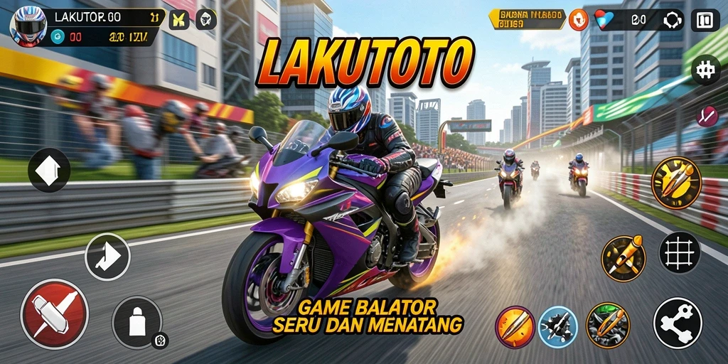 Screenshot gameplay LAKUTOTO menampilkan aksi balap motor yang mendebarkan.
