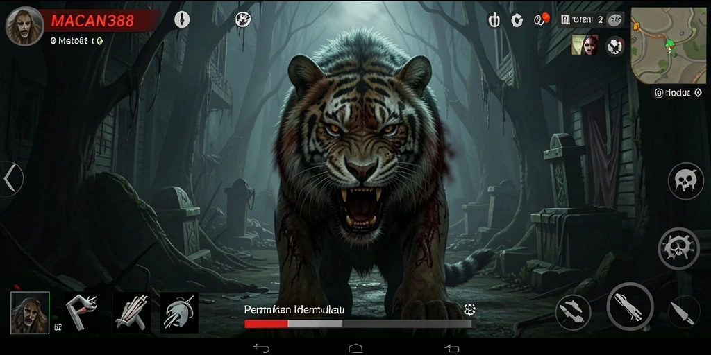Screenshot menampilkan suasana mencekam dalam <strong>MACAN388</strong> dengan elemen horor yang jelas.