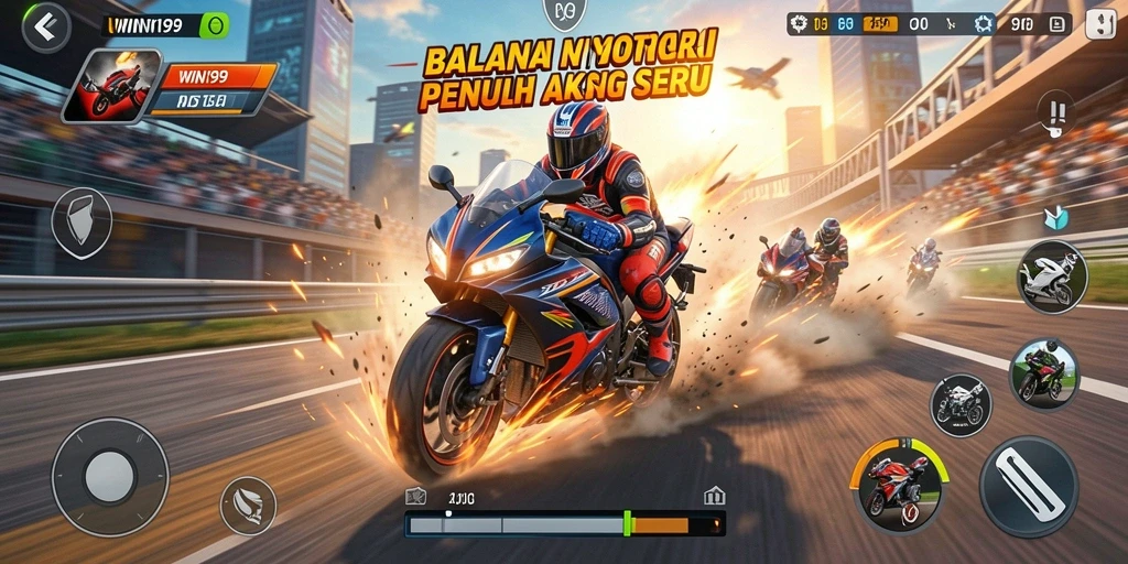 Screenshot gameplay WIN199 dengan balapan motor yang mendebarkan.